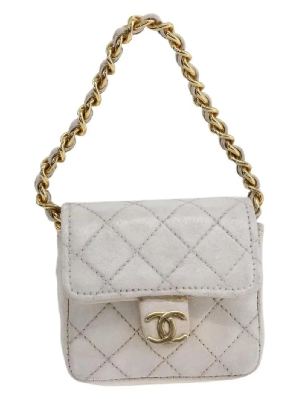 CHANEL Minimini Matelasse 7 Pouch Leather White Gold CC Auth LNZ849